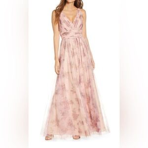 Marchesa Notte Como Floral Tulle Gown SZ 8 A Line V Neck Sleeveless Tie Waist